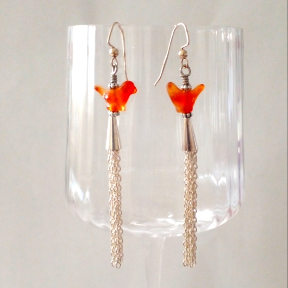 Amber Color Glass Beads Birds Dangle Tassel Earrings